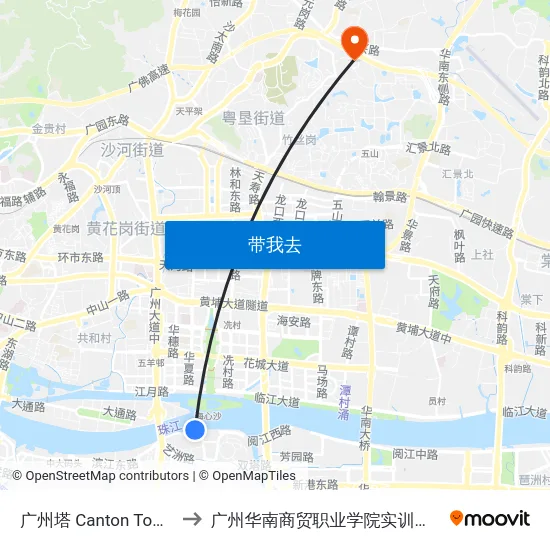 广州塔 Canton Tower to 广州华南商贸职业学院实训基地 map