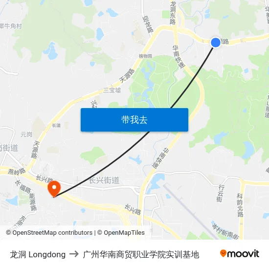 龙洞 Longdong to 广州华南商贸职业学院实训基地 map