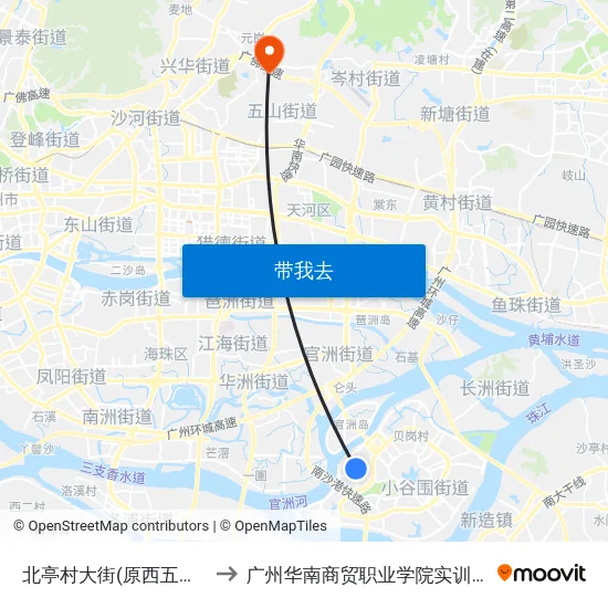 北亭村大街(原西五路站) to 广州华南商贸职业学院实训基地 map