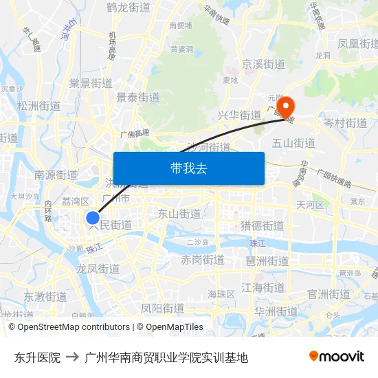 东升医院 to 广州华南商贸职业学院实训基地 map