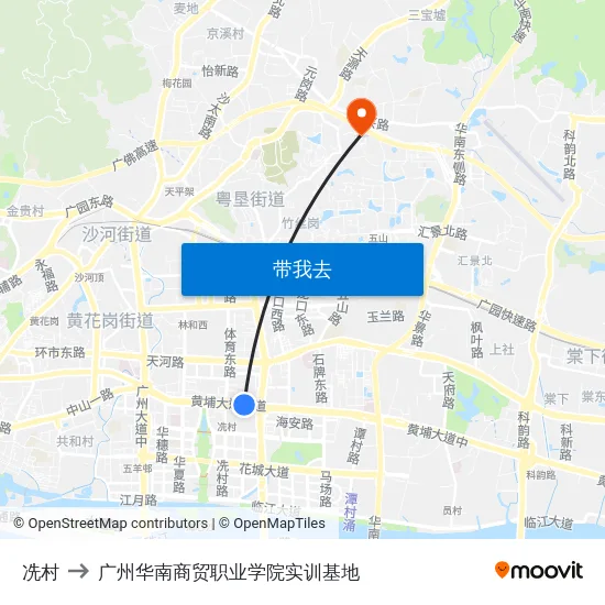 冼村 to 广州华南商贸职业学院实训基地 map