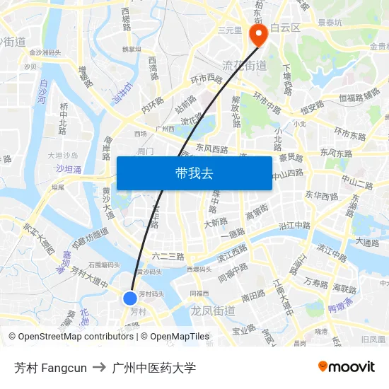 芳村 Fangcun to 广州中医药大学 map