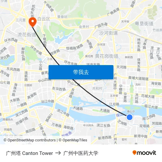 广州塔 Canton Tower to 广州中医药大学 map
