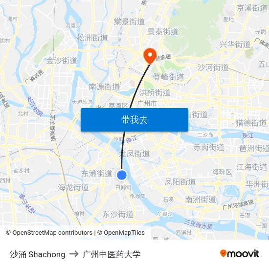沙涌 Shachong to 广州中医药大学 map