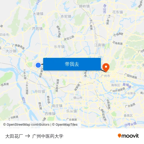 大田花厂 to 广州中医药大学 map