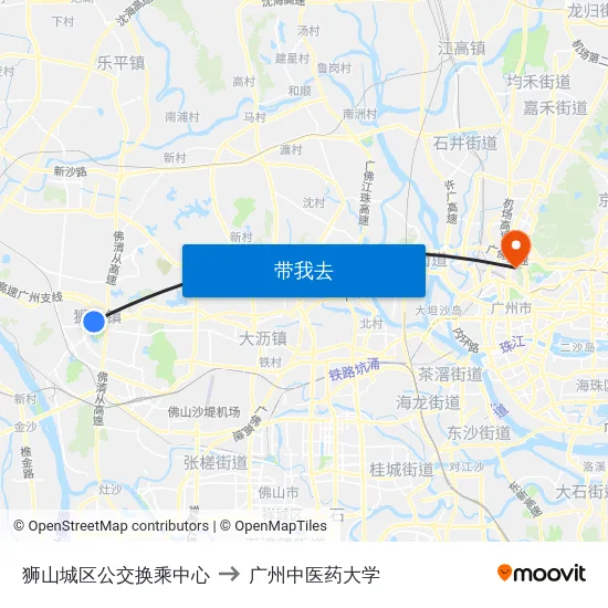 狮山城区公交换乘中心 to 广州中医药大学 map