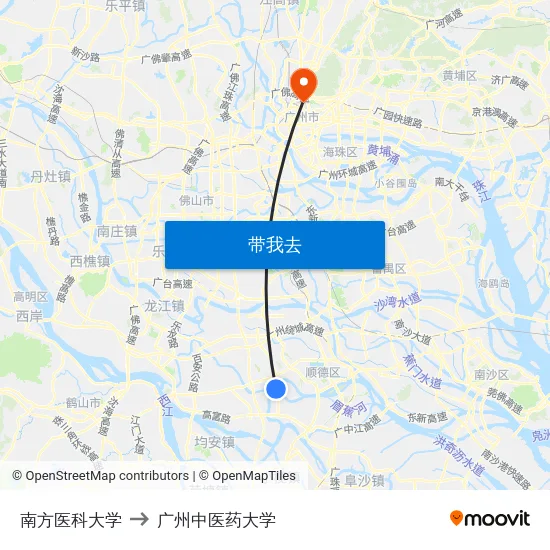 南方医科大学 to 广州中医药大学 map