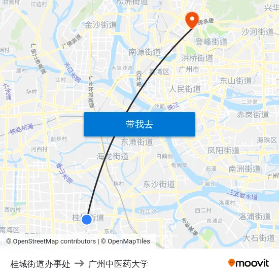 桂城街道办事处 to 广州中医药大学 map