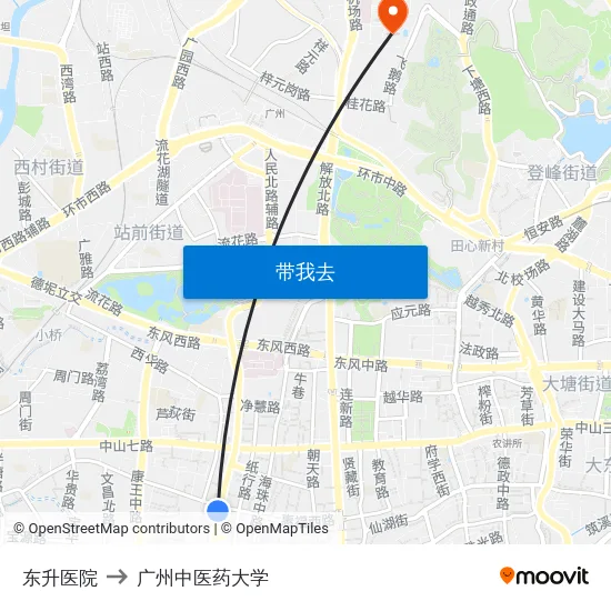 东升医院 to 广州中医药大学 map