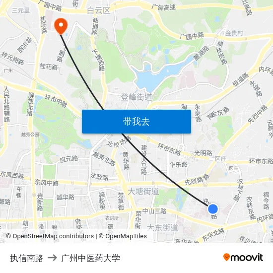 执信南路 to 广州中医药大学 map