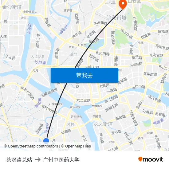茶滘路总站 to 广州中医药大学 map