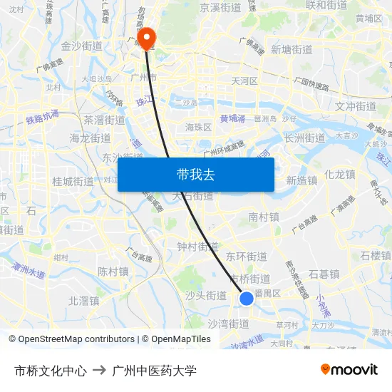 市桥文化中心 to 广州中医药大学 map