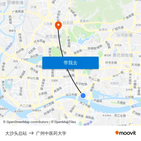 大沙头总站 to 广州中医药大学 map