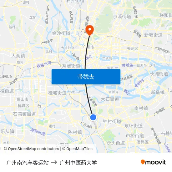 广州南汽车客运站 to 广州中医药大学 map