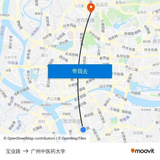 宝业路 to 广州中医药大学 map