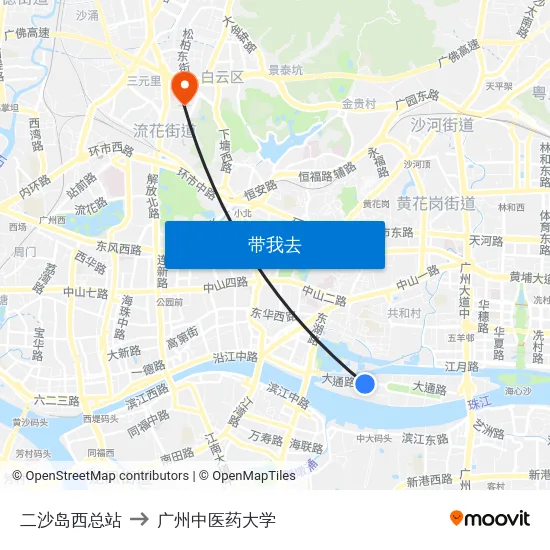 二沙岛西总站 to 广州中医药大学 map
