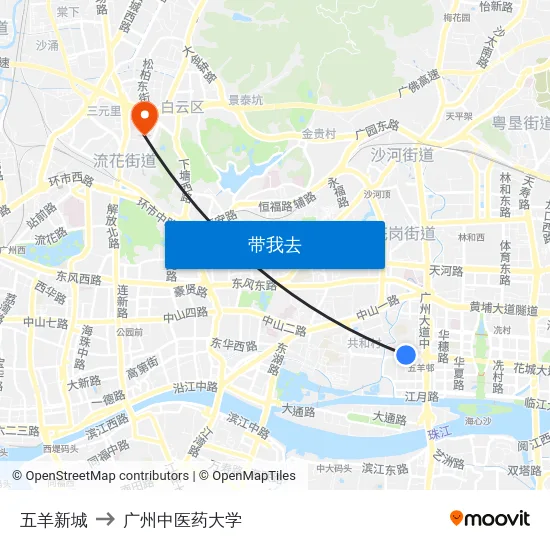 五羊新城 to 广州中医药大学 map