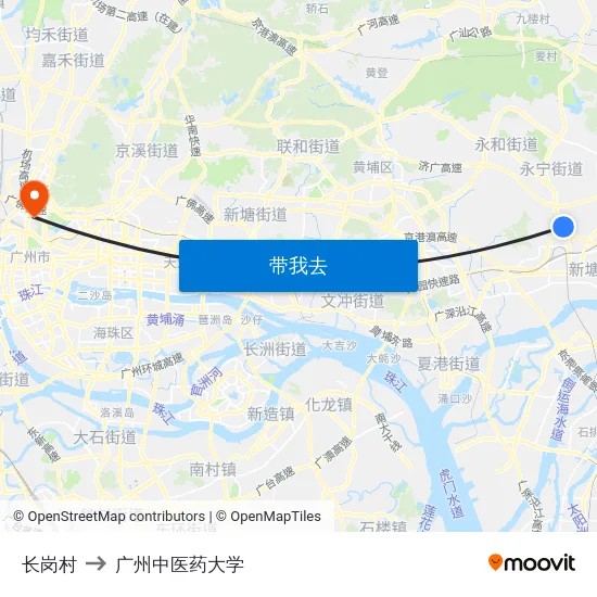 长岗村 to 广州中医药大学 map