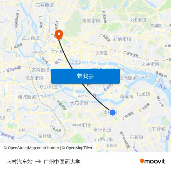 南村汽车站 to 广州中医药大学 map