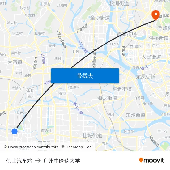 佛山汽车站 to 广州中医药大学 map