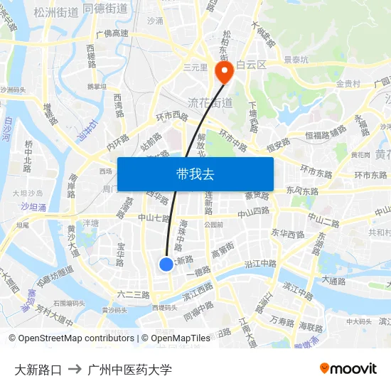 大新路口 to 广州中医药大学 map