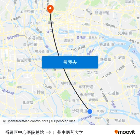 番禺区中心医院总站 to 广州中医药大学 map