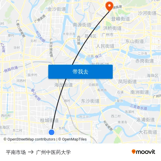 平南市场 to 广州中医药大学 map