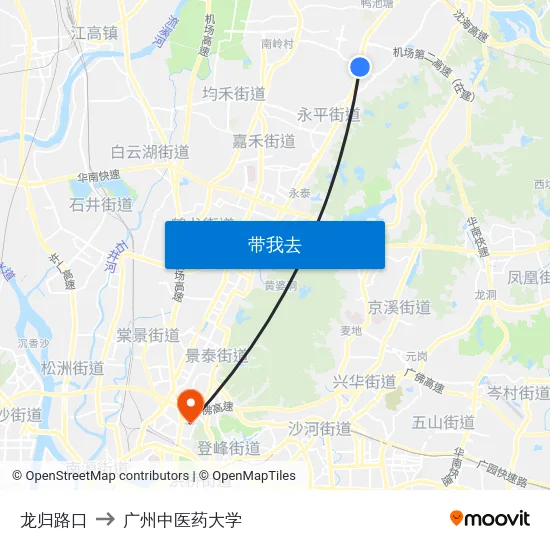 龙归路口 to 广州中医药大学 map