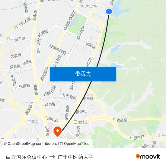 白云国际会议中心 to 广州中医药大学 map