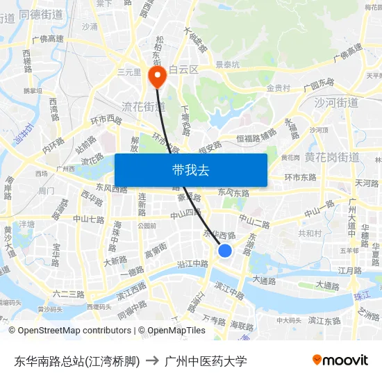 东华南路总站(江湾桥脚) to 广州中医药大学 map