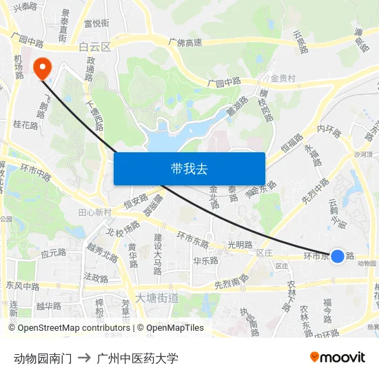 动物园南门 to 广州中医药大学 map