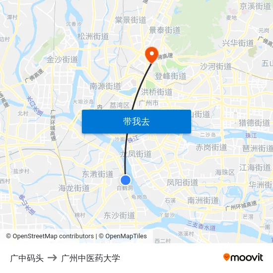 广中码头 to 广州中医药大学 map