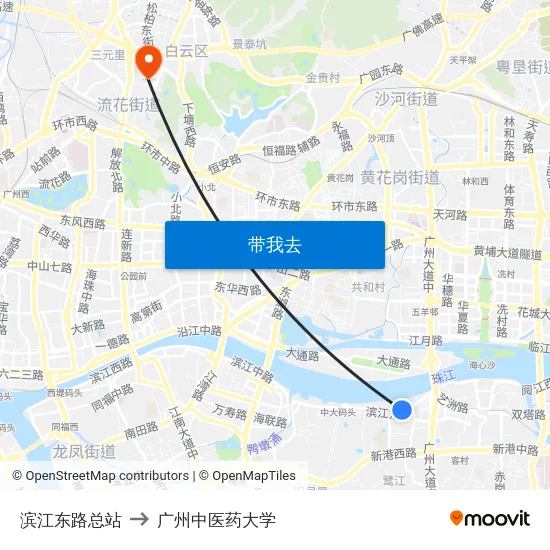 滨江东路总站 to 广州中医药大学 map