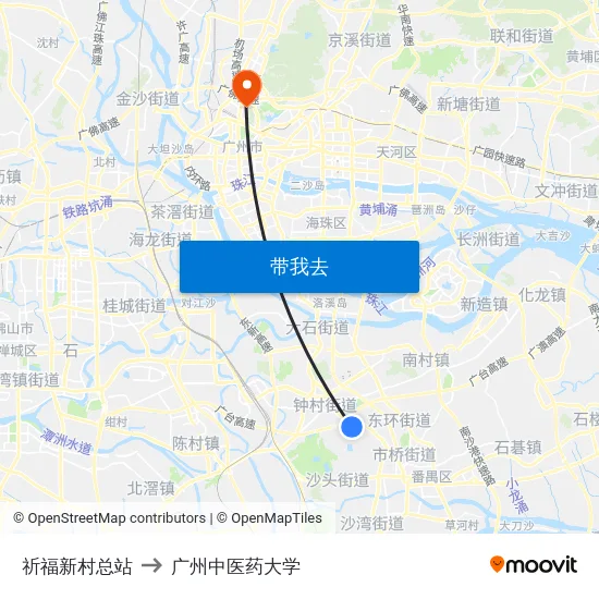 祈福新村总站 to 广州中医药大学 map