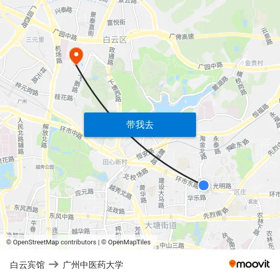 白云宾馆 to 广州中医药大学 map