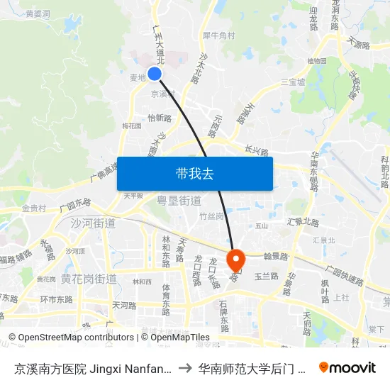 京溪南方医院 Jingxi Nanfang Hospital to 华南师范大学后门 （西门） map