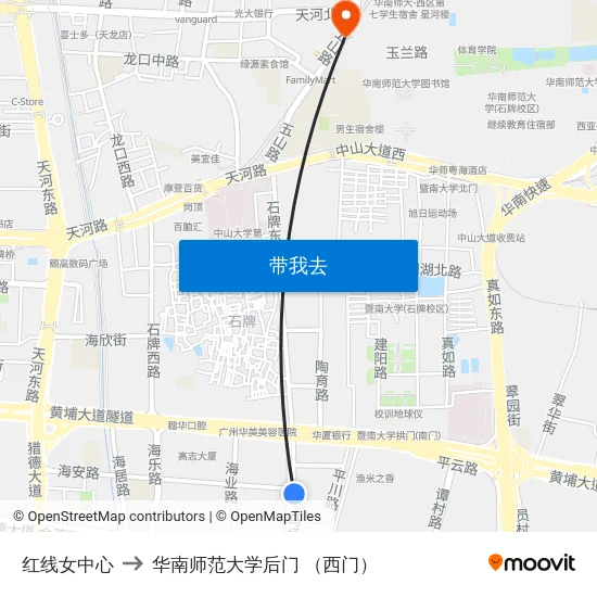 红线女中心 to 华南师范大学后门 （西门） map