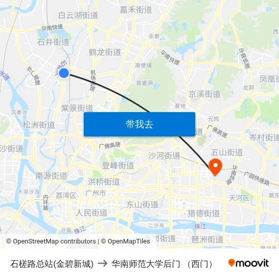 石槎路总站(金碧新城) to 华南师范大学后门 （西门） map