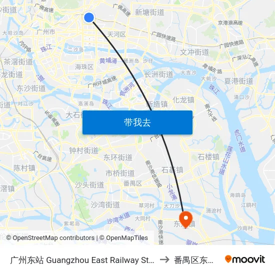 广州东站 Guangzhou East Railway Station to 番禺区东涌镇 map