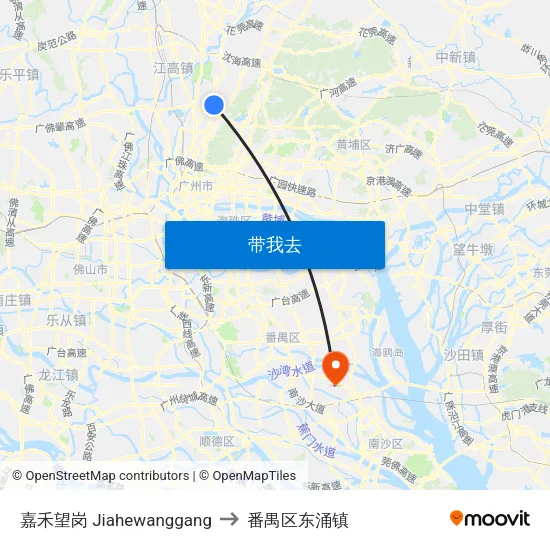 嘉禾望岗 Jiahewanggang to 番禺区东涌镇 map