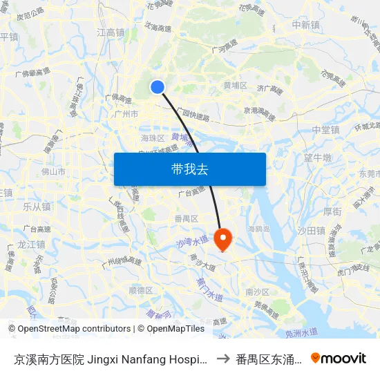 京溪南方医院 Jingxi Nanfang Hospital to 番禺区东涌镇 map