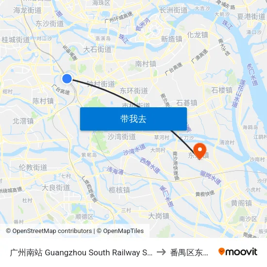 广州南站 Guangzhou South Railway Station to 番禺区东涌镇 map