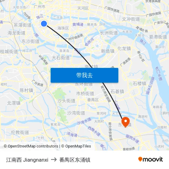 江南西 Jiangnanxi to 番禺区东涌镇 map