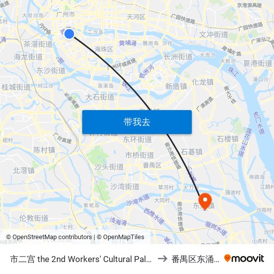 市二宫 the 2nd Workers' Cultural Palace to 番禺区东涌镇 map