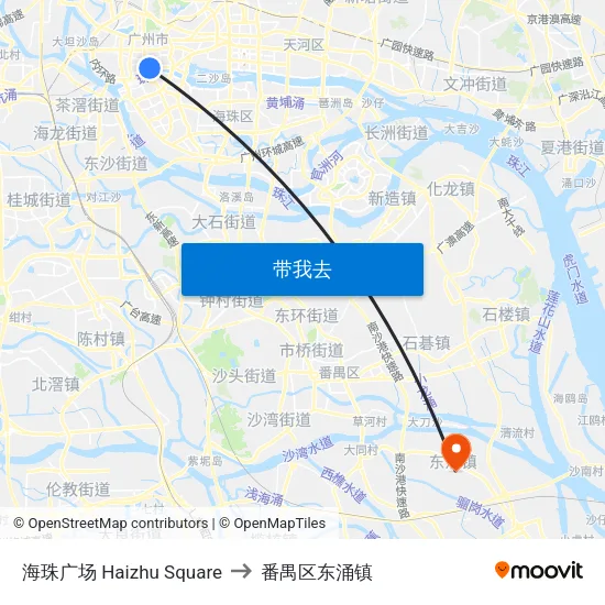 海珠广场 Haizhu Square to 番禺区东涌镇 map