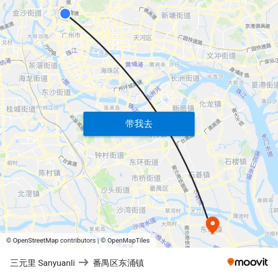 三元里 Sanyuanli to 番禺区东涌镇 map