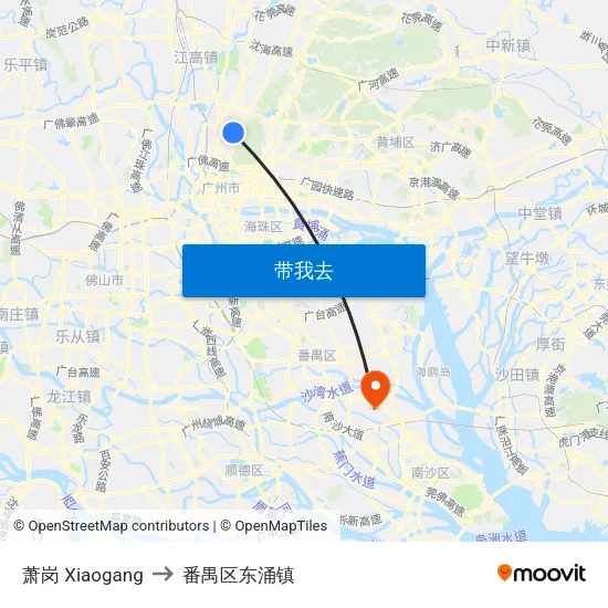 萧岗 Xiaogang to 番禺区东涌镇 map