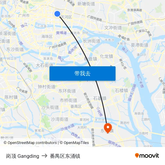 岗顶 Gangding to 番禺区东涌镇 map