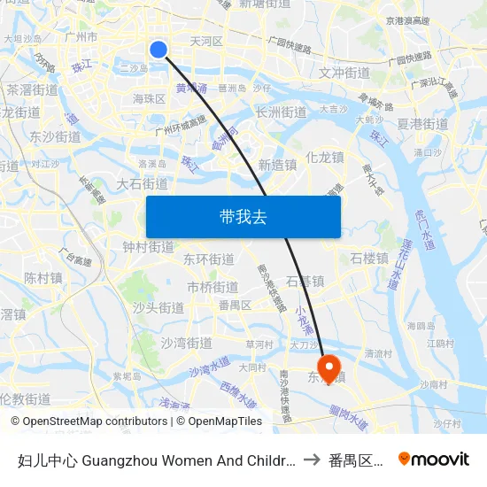 妇儿中心 Guangzhou Women And Children's Medical Center to 番禺区东涌镇 map