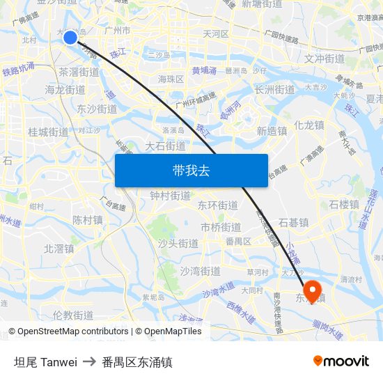 坦尾 Tanwei to 番禺区东涌镇 map